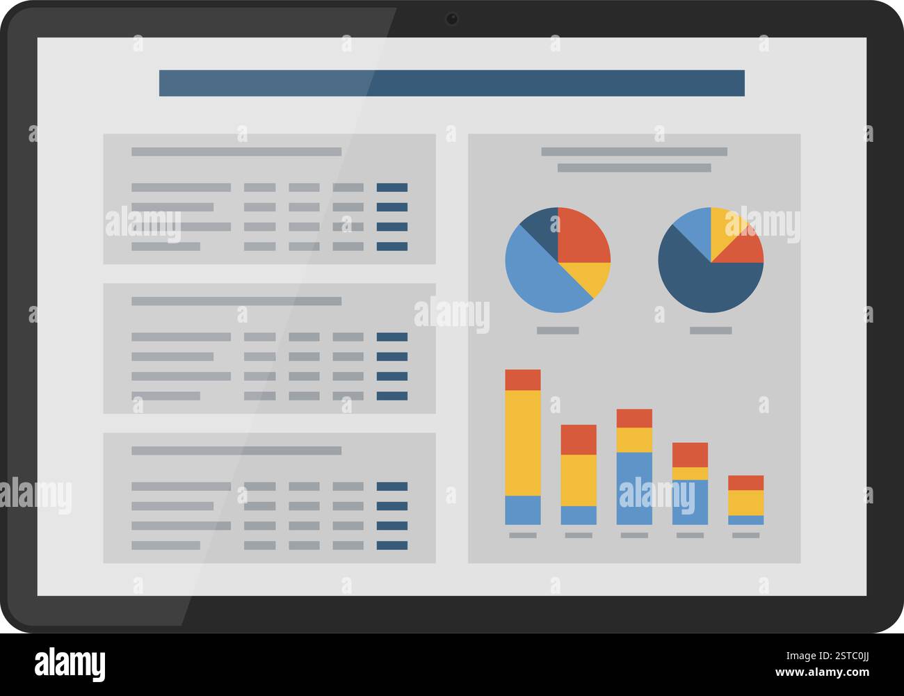 Grafici e report finanziari su tablet digitale, tecnologia e concetto aziendale Illustrazione Vettoriale
