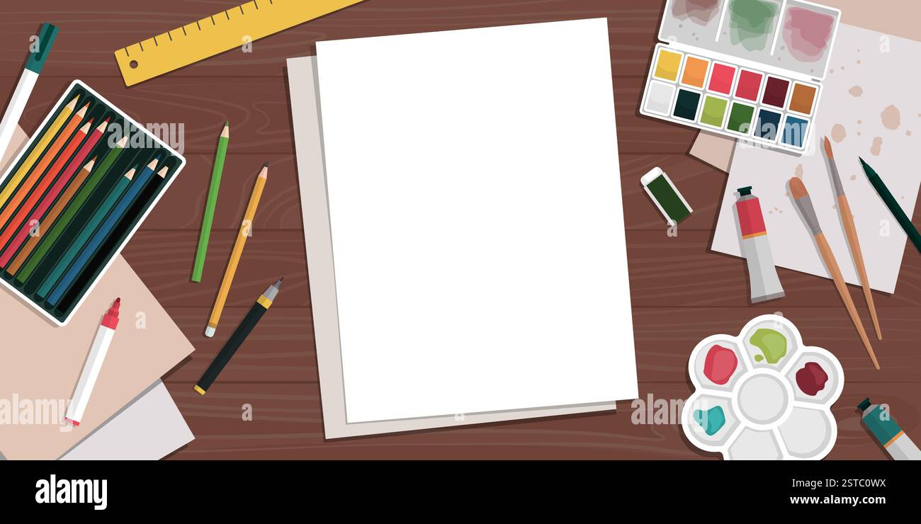 Scrivania per artisti con materiali artistici e vista dall'alto in foglio bianco, creatività e ispirazione Illustrazione Vettoriale