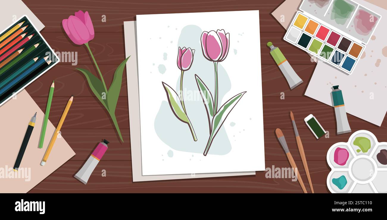 Scrivania per artisti con forniture artistiche e dipinti di tulipani, vista dall'alto Illustrazione Vettoriale