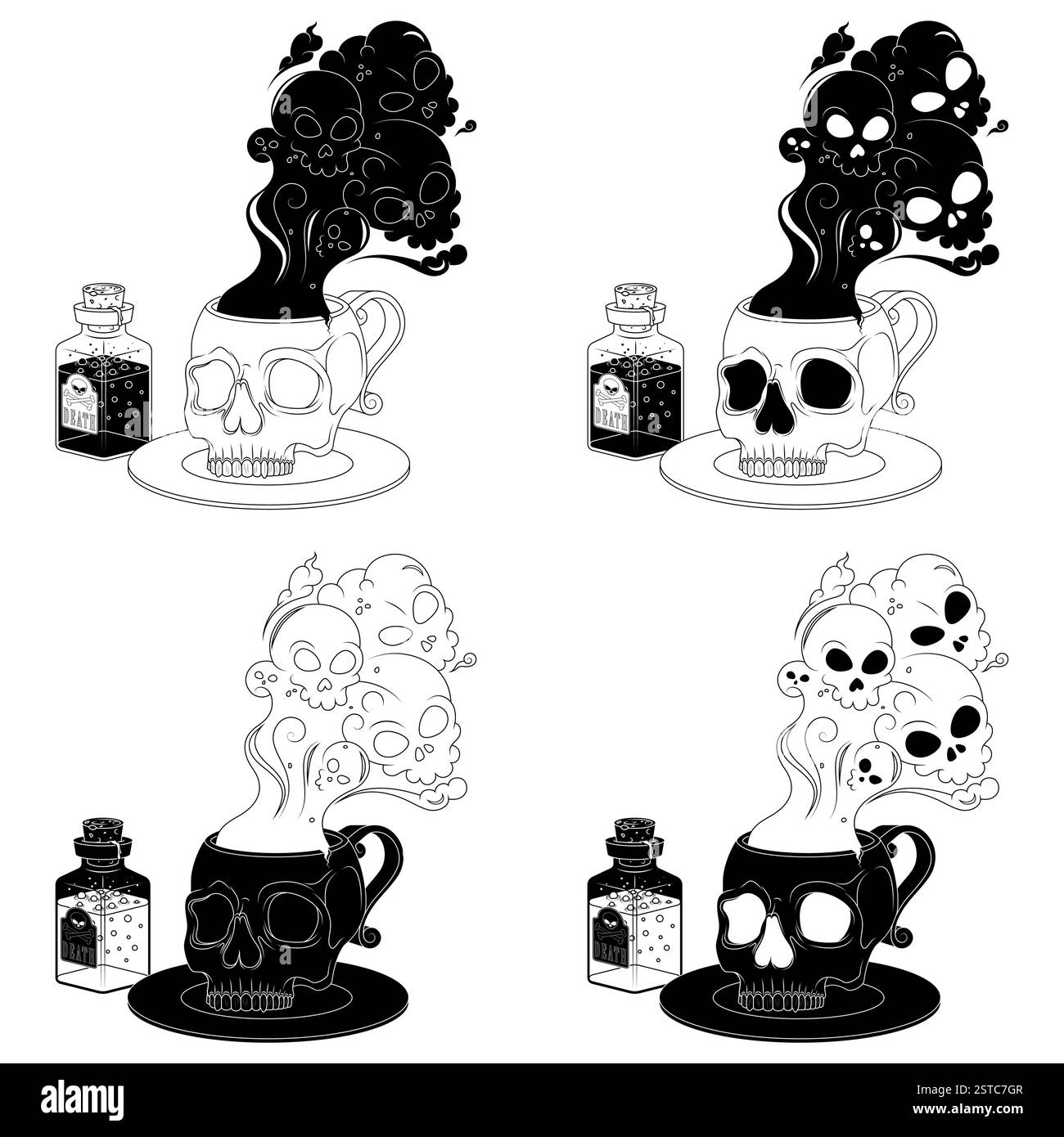 Tazza di tè avvelenato con forma di cranio umano, tazza di caffè a forma di cranio con fumo tossico di morte, tazza demoniaca per Halloween Illustrazione Vettoriale