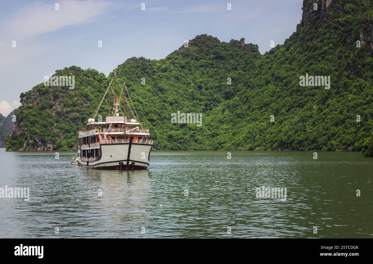 Vista sulle montagne calcaree dell'isola tropicale, sull'acqua e sulla barca lungo il mare dell'oceano nella baia di ha Long in Vietnam Foto Stock