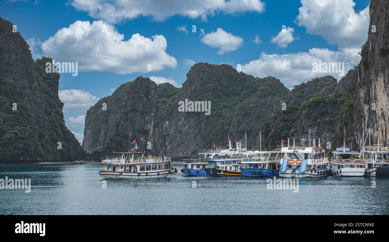 Crociera in barca a vela tra le rocce dell'isola di Cat Ba. Un tour in barca con i turisti a bordo che portano persone lungo la baia di ha Long in Vietnam. Cat Ba Tour Crui Foto Stock