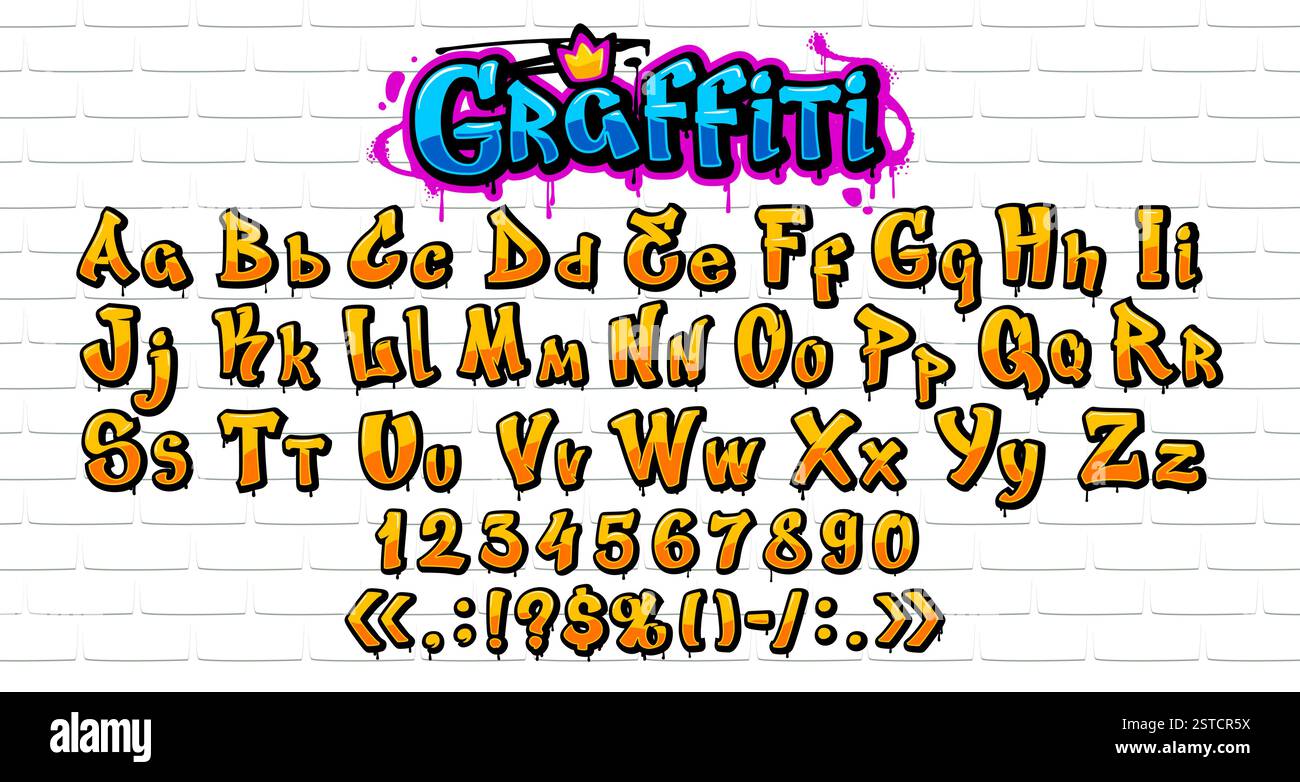 Font graffiti, Street art grunge typeface o hip hop alfabeto inglese, tipo vettoriale. Carattere di graffiti urbani di lettere spray per caratteri di vecchia scuola Illustrazione Vettoriale