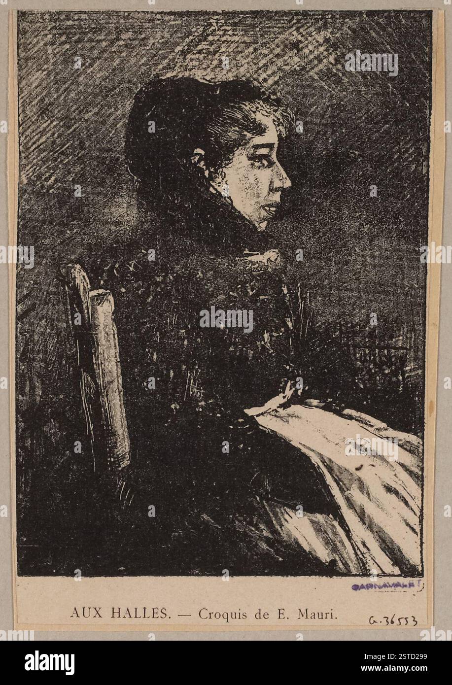 Un ritratto di un commerciante di Hallesmarchandes, con un cappello come accessorio notevole. Il commerciante è presentato in un contesto storico di mercato. Foto Stock