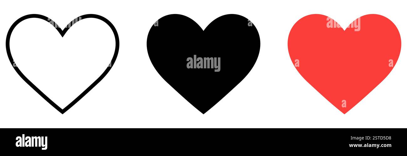 Icona cuore. Set di icone nere e rosse del cuore isolate su sfondo bianco. Simbolo d'amore. Illustrazione vettoriale Illustrazione Vettoriale