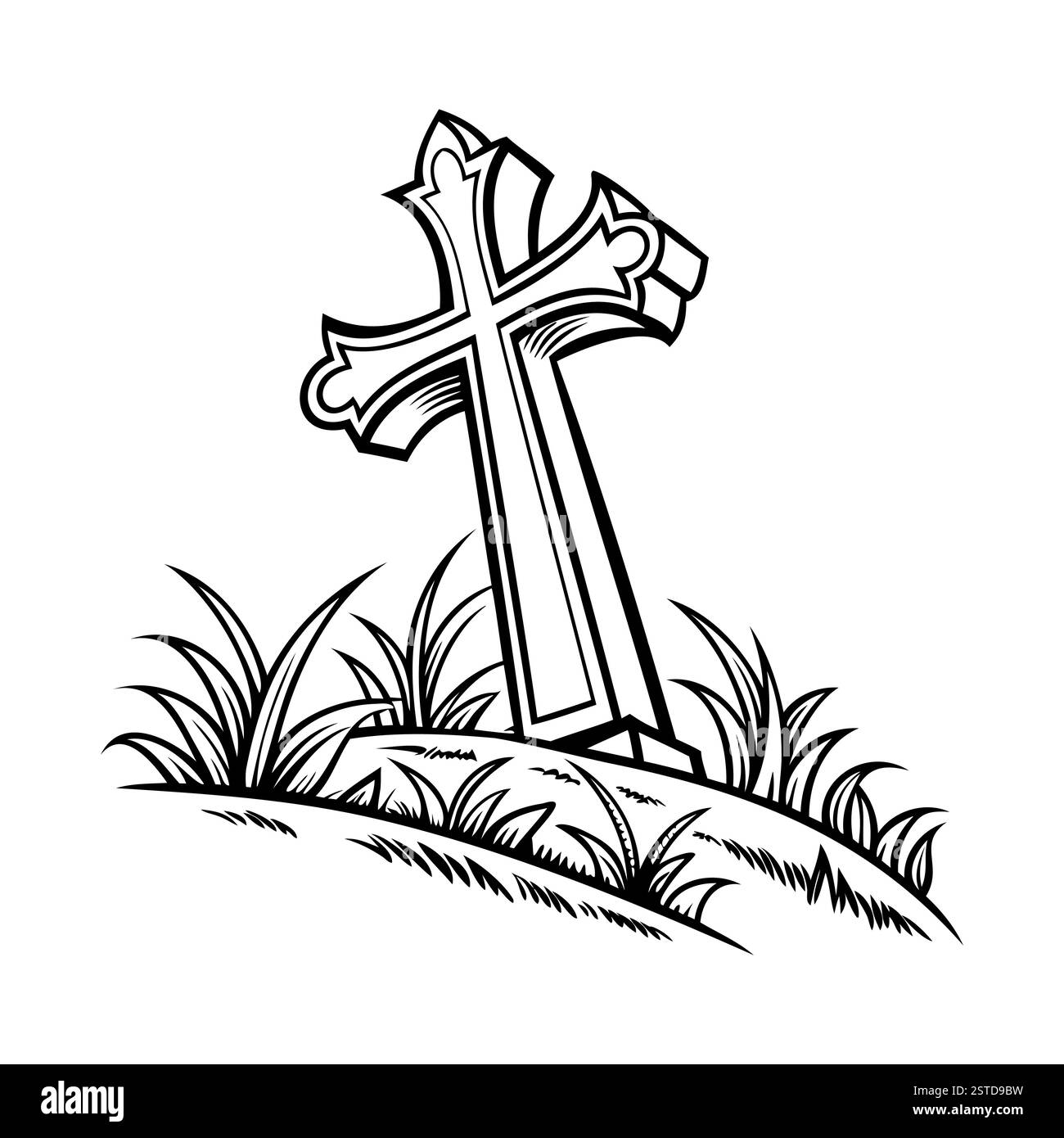 Icona della croce cristiana. Semplice icona di una croce celtica in piedi su una collina con erba e rocce. Illustrazione Vettoriale Icona della croce cristiana. Semplice icona di una croce celtica in piedi su una collina con erba e rocce. Illustrazione Vettoriale