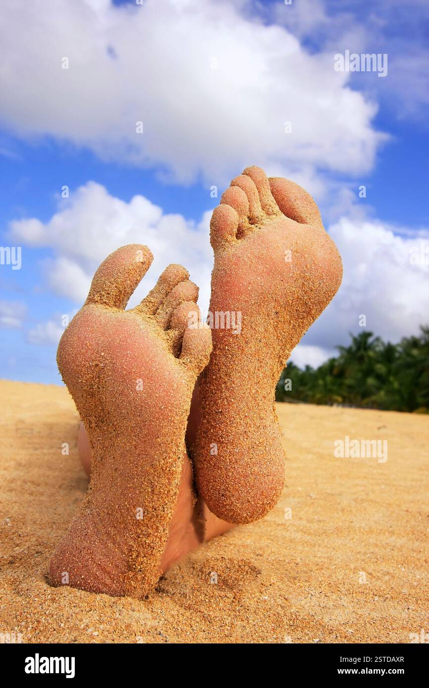 Piedi di sabbia su una spiaggia tropicale Foto Stock