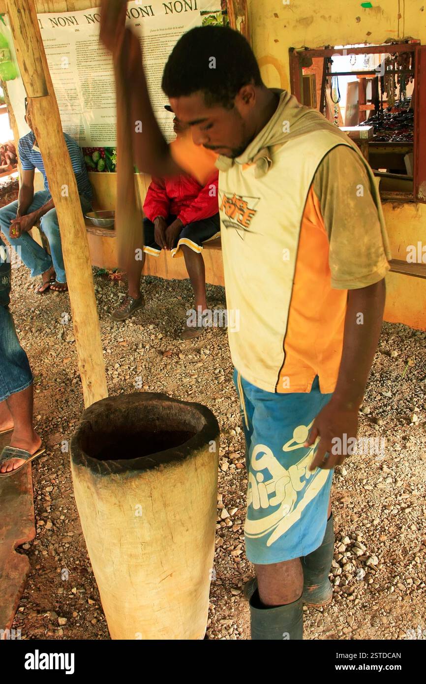Uomo locale che lavora fagioli di cacao in un piccolo villaggio Foto Stock