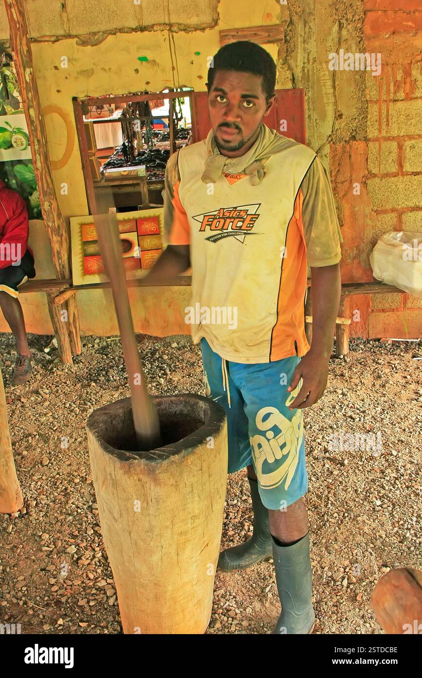 Uomo locale che lavora fagioli di cacao in un piccolo villaggio Foto Stock