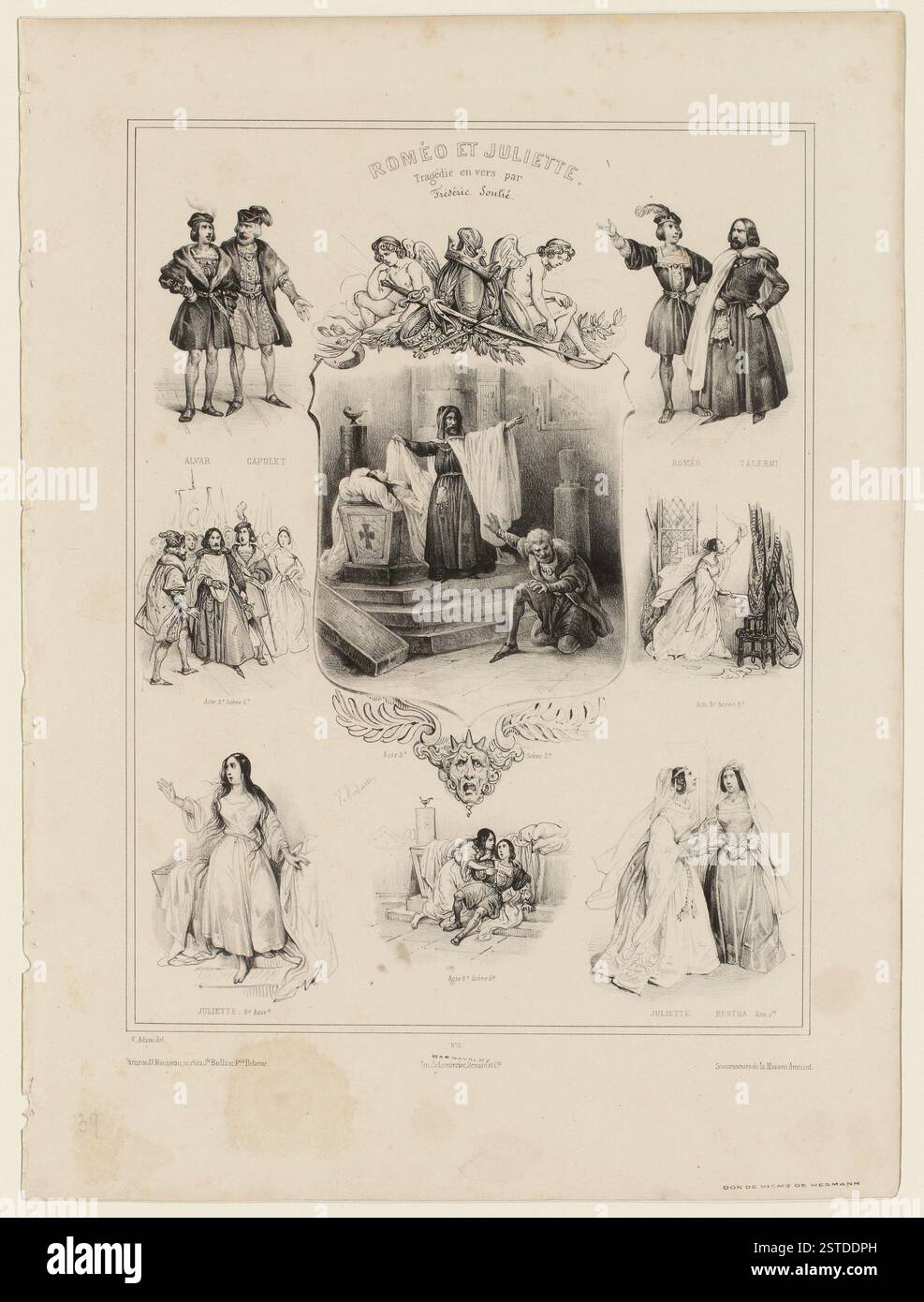 9 personaggi della commedia, scene principali di atti, nel centro di Juliette nella tomba. In H. Trophies of Weapons, attributi reali, 2 angeli pensivi su ogni lato, in B. maschera Foto Stock