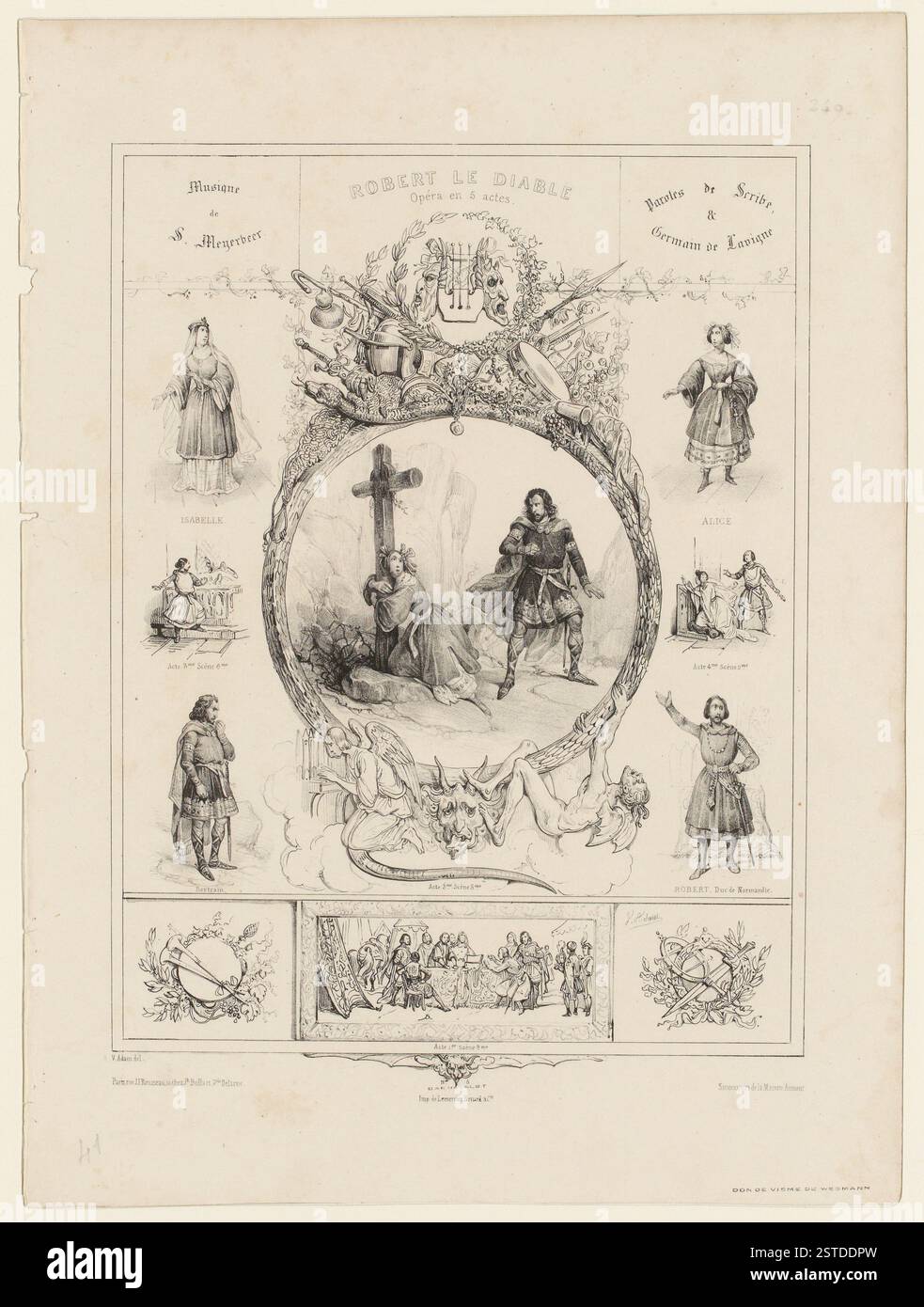 10 personaggi della commedia, scene principali di atti, al Robert le Diable e Alice Center che abbraccia una croce. In H. del medaglione del trofeo di musica, armi, intorno ad una lira attaccata di 2 maschere; in B. un angelo che suona l'organo, un diavolo arrampicante, su ogni lato della testa di un diavolo; Un serpente incornicia la scena. In B. Trofei di musica e armi circondati da ghirlande di quercia, alloro Foto Stock