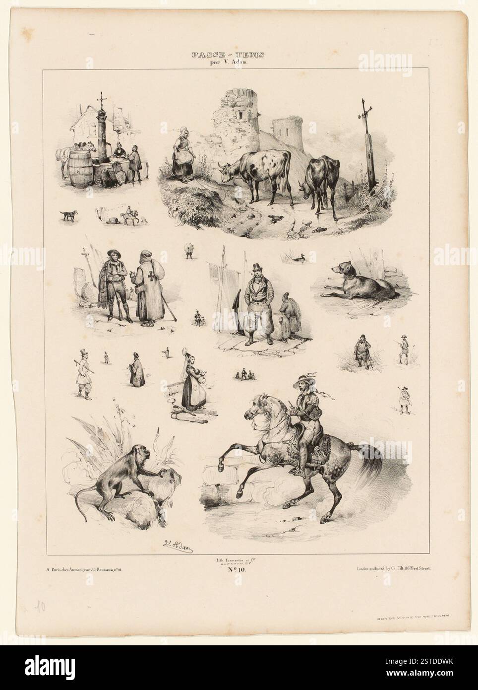 Scene variegate in 21 vignette con la Fontaine, guardia mucche, rovine, una croce, temi religiosi, contadini normanni, infermiere, marinaio, cane, cavaliere spagnolo a cavallo e scimmia, che mostrano vita e paesaggi diversi. Foto Stock