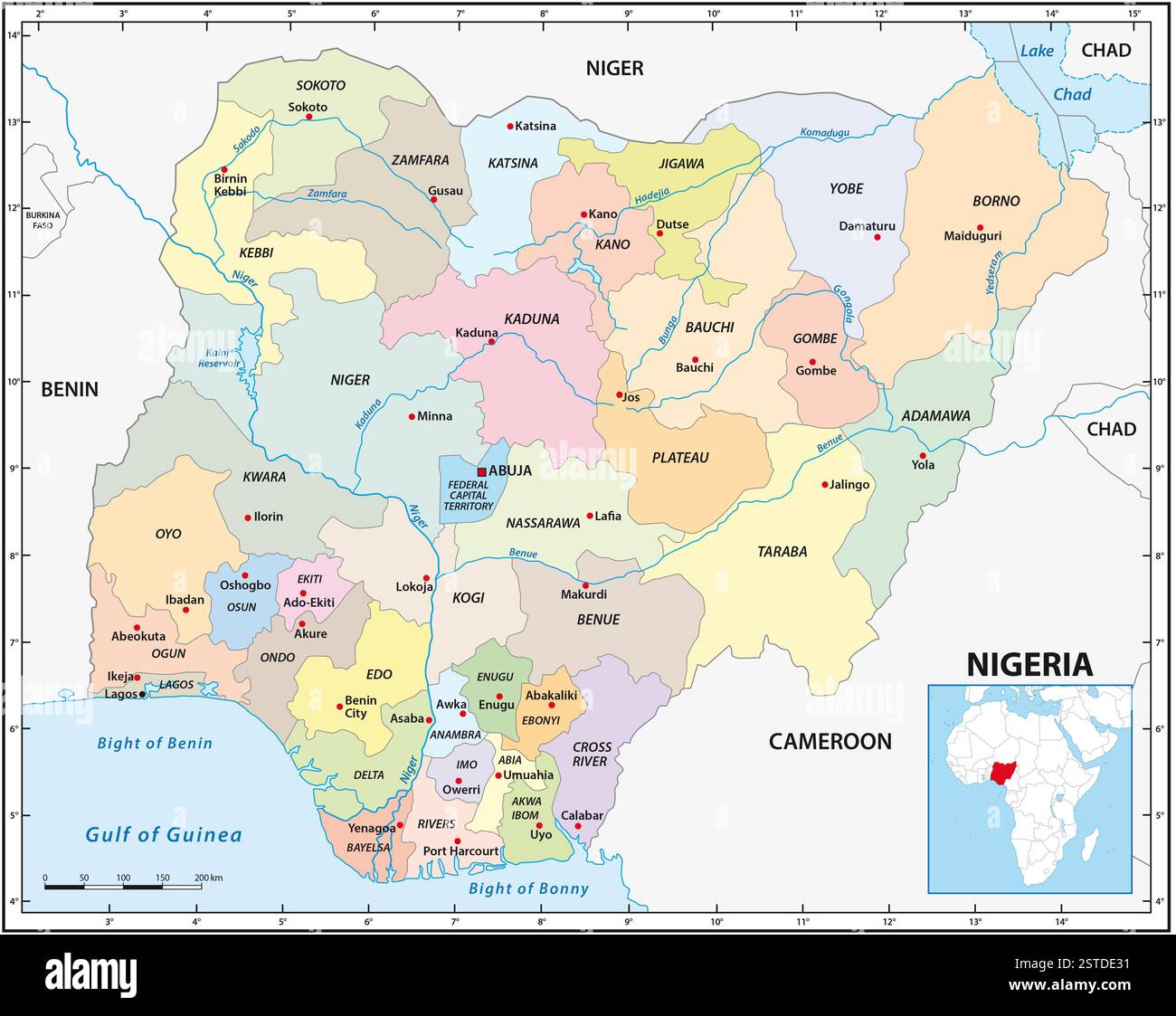 Mappa amministrativa dello stato dell'Africa occidentale della Nigeria Foto Stock