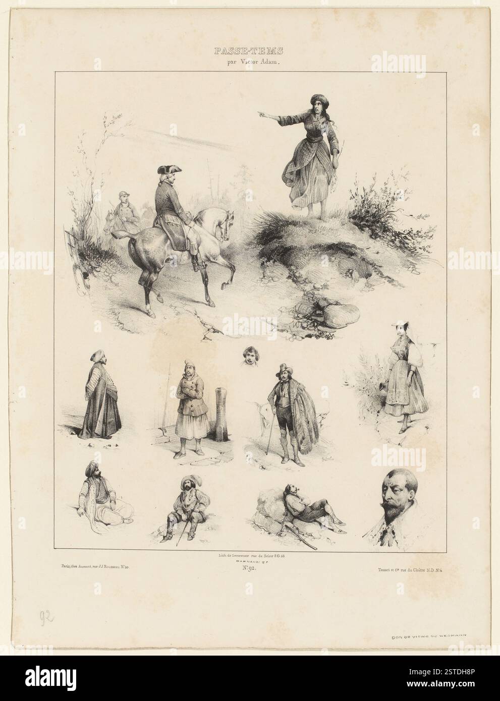 Undici vignette che mostrano personaggi storici e culturali come un cavaliere Luigi XV, una donna turca, un marinaio, un pastore italiano e figure caricaturate come un uomo che fuma una pipa e un soldato seduto. Foto Stock