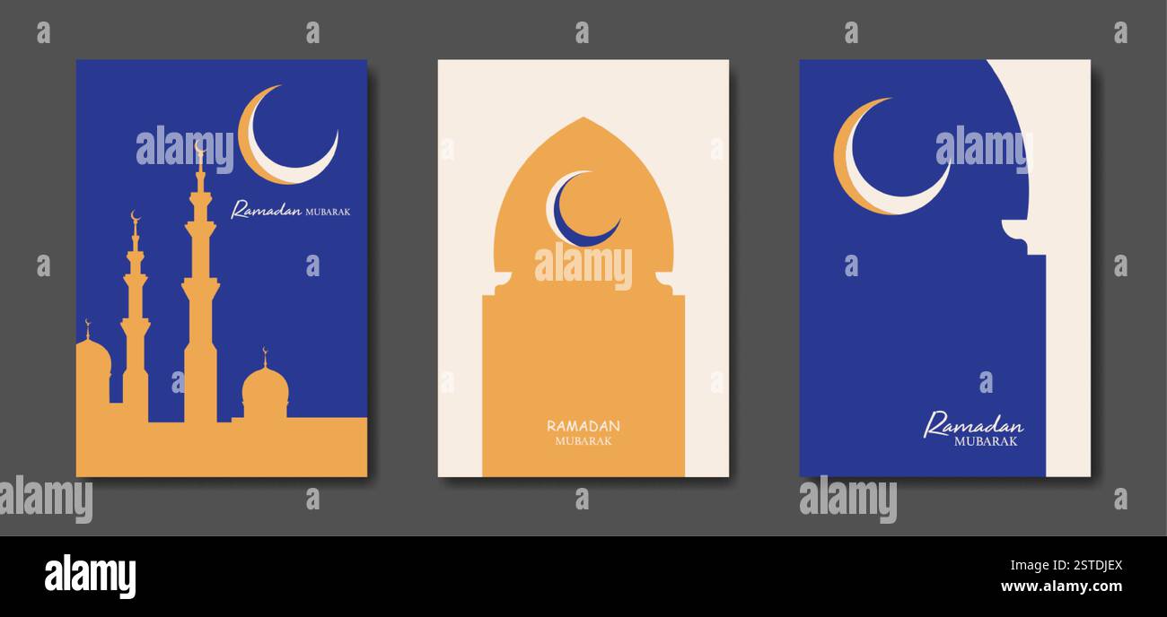 Set vettoriale Ramadan Mubarak carta colorata A4. poster delle vacanze con testo, simbolo islamico, luna crescente e moschea. Concetto di striscioni di religione musulmana Illustrazione Vettoriale