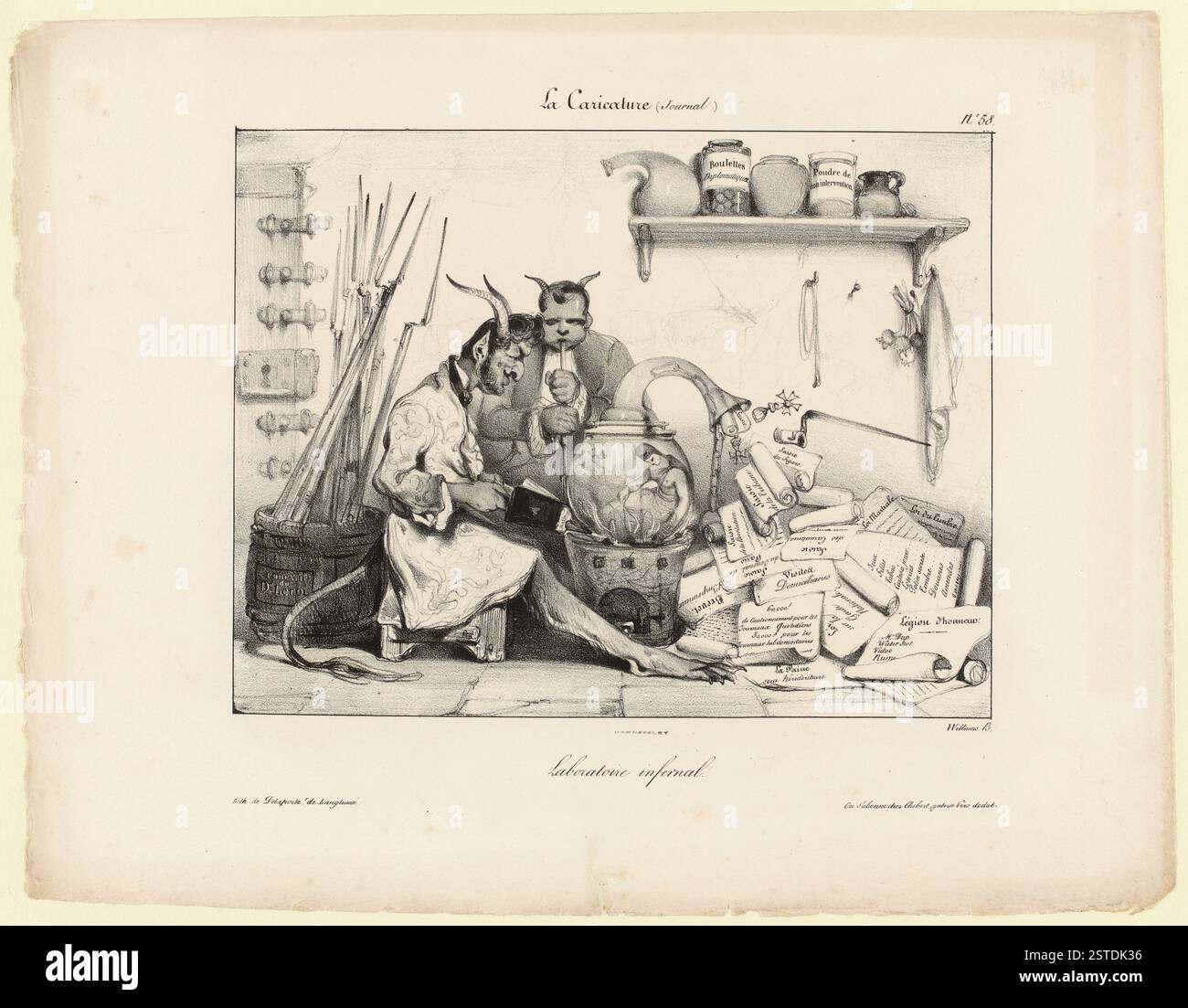 Scena caricaturale di due diavoli in un ambiente di laboratorio. Sono seduti intorno a una stufa che la alimenta mentre maneggiano foglie stampate e croci d'onore. L'opera fa riferimento agli eventi politici e sociali dell'epoca, con iscrizioni su vari elementi giuridici e culturali. Foto Stock