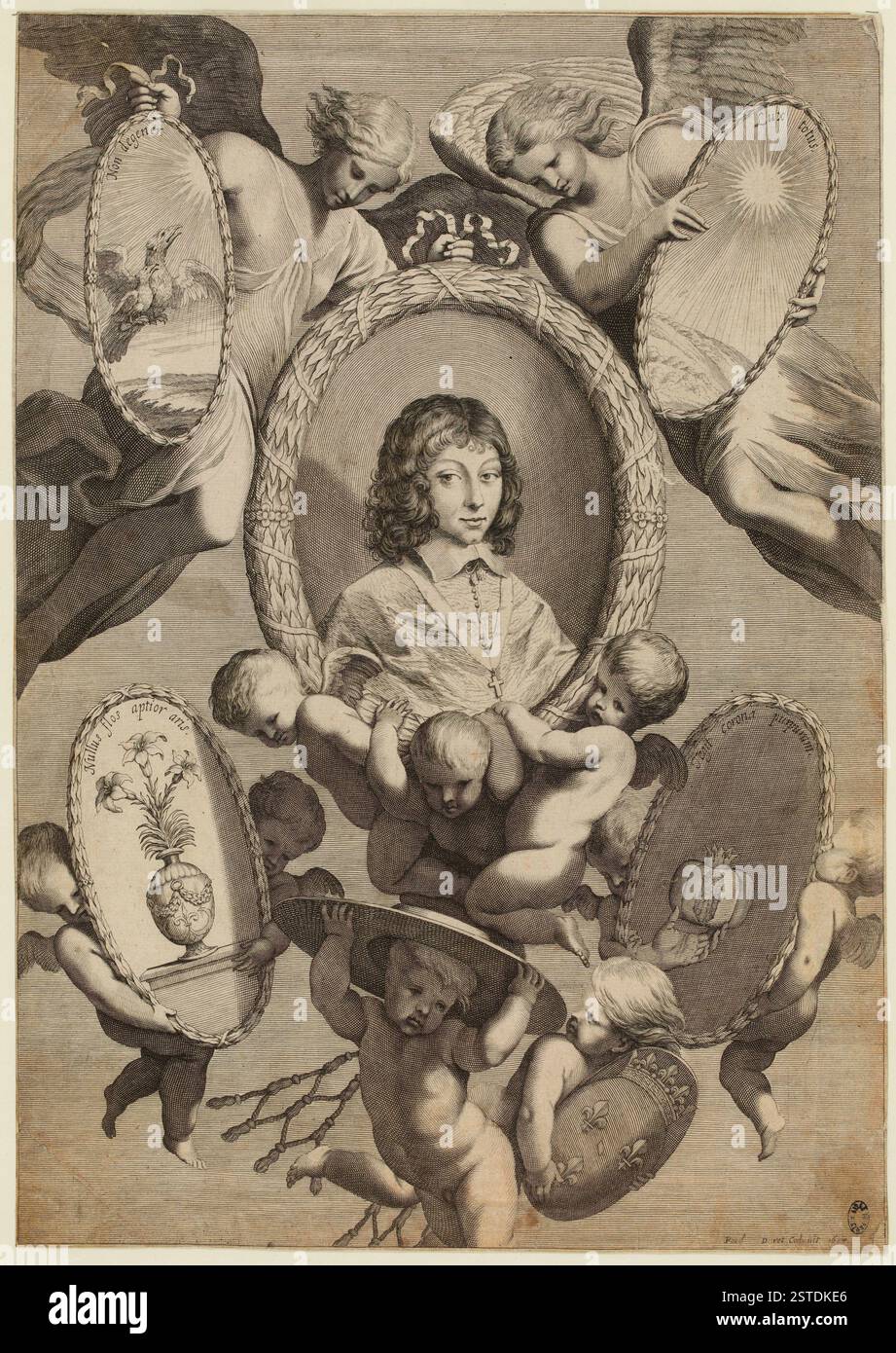 Questo è un ritratto di Armand Bourbon, Principe di Conty, raffigurato in forma di busto rivolto verso destra. L'immagine è incorniciata in un medaglione ovale con putti (geni) nella parte inferiore e due angeli nella parte superiore. Il suo stemma è portato dai putti, accompagnati da elementi simbolici quali aquila, sole, corone d'alloro, cappello cardinale, giglio, e una granata. Foto Stock