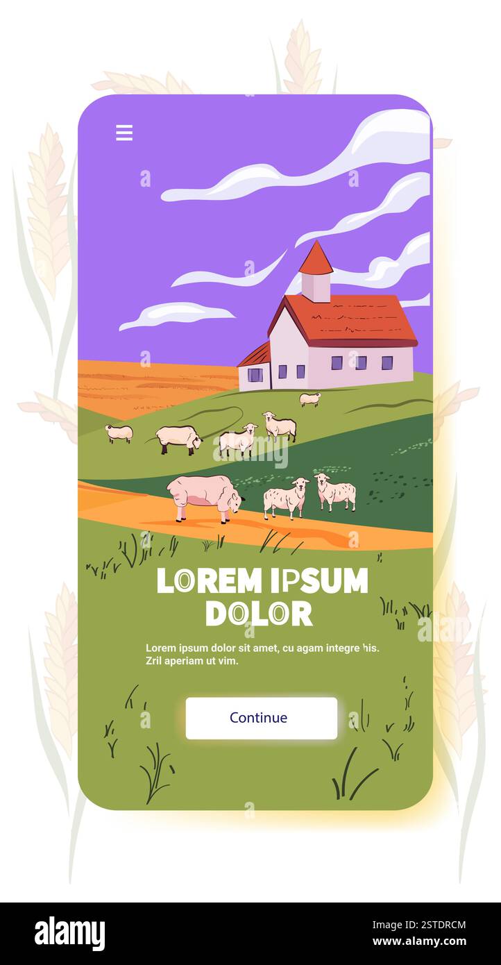 Paesaggio agricolo con pecore che pascolano in un campo sotto un cielo viola e nuvole vicino a una fattoria con un tetto rosso sullo schermo di un'app mobile Illustrazione Vettoriale