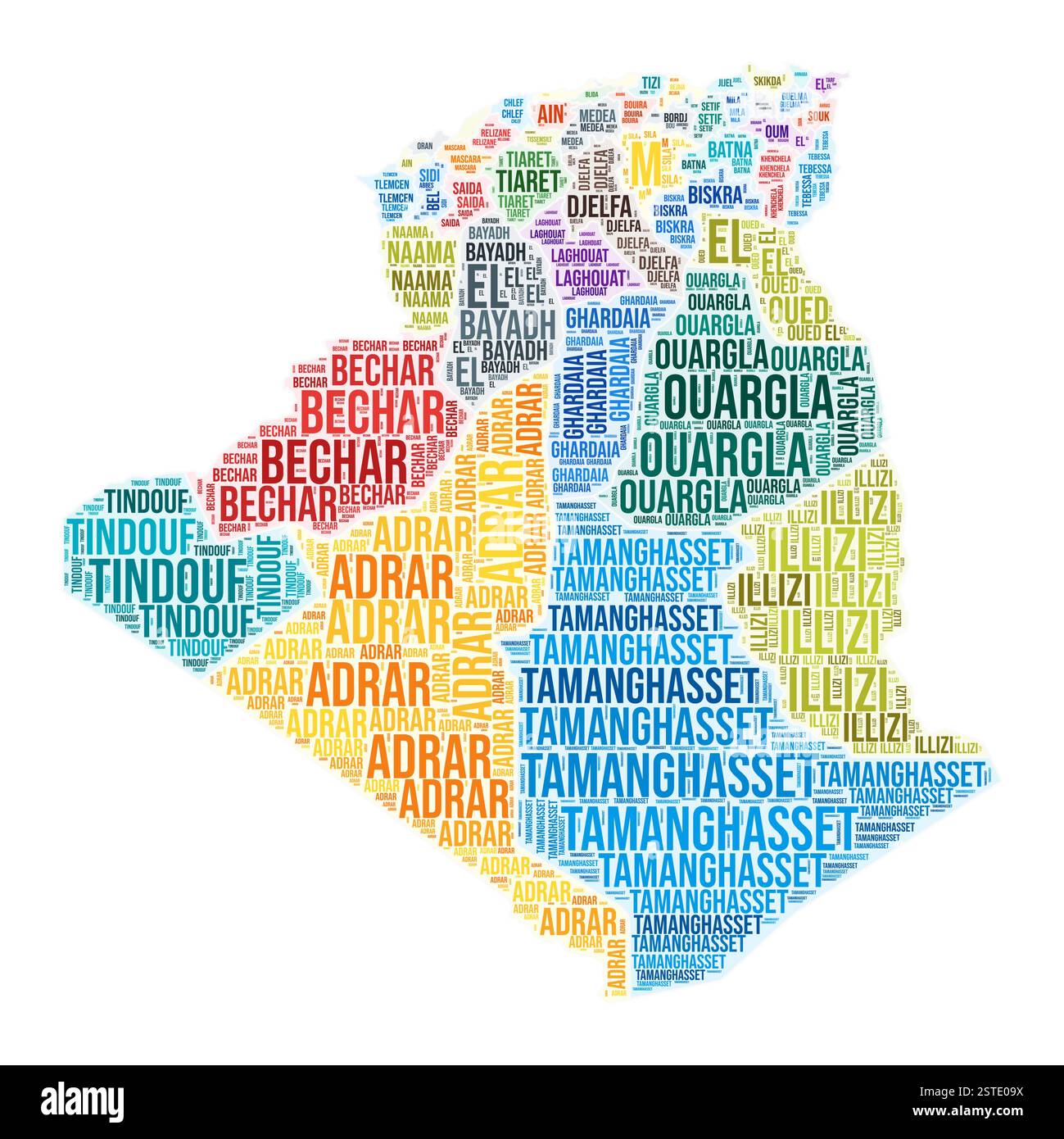 Cloud di parole della regione Algeria. Design a forma di paese. Illustrazione a colori Algeria. Fumetto collage nomi regione. Illustrazione vettoriale. Illustrazione Vettoriale