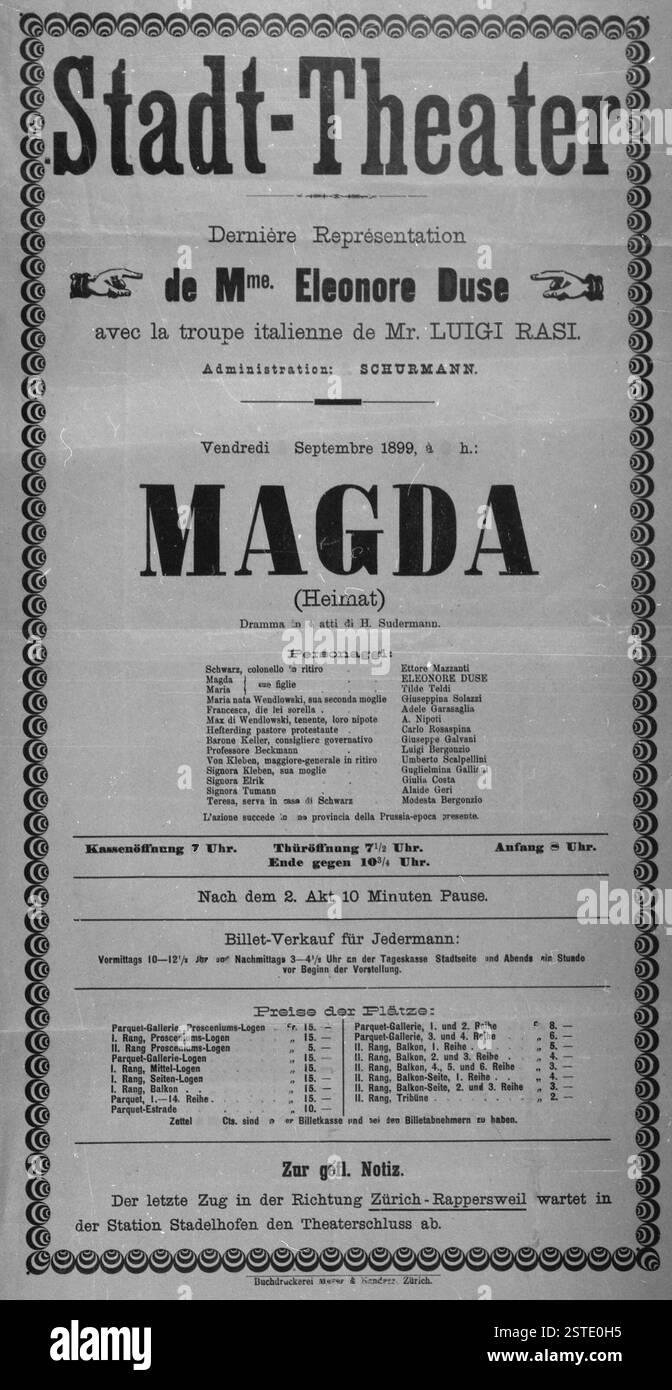 Zurich Stadt-Theater poster della commedia Magda, con l'attrice italiana Eleonora Duse, Svizzera 1899 Foto Stock