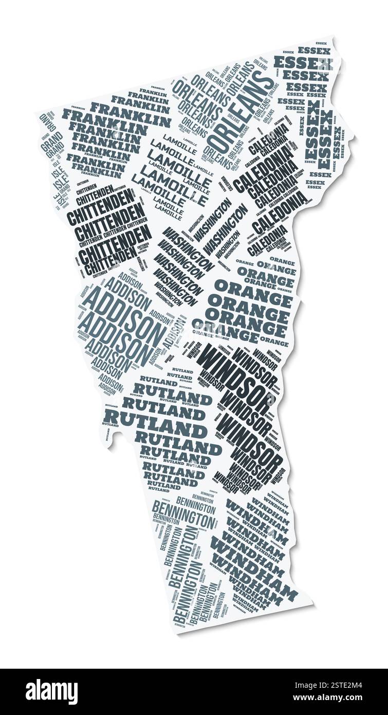 Fumetto di testo a forma di Vermont. Confine di stato con ombra su sfondo bianco. Vermont con divisione contee in stile vintage gazette. Illustrazione Vettoriale
