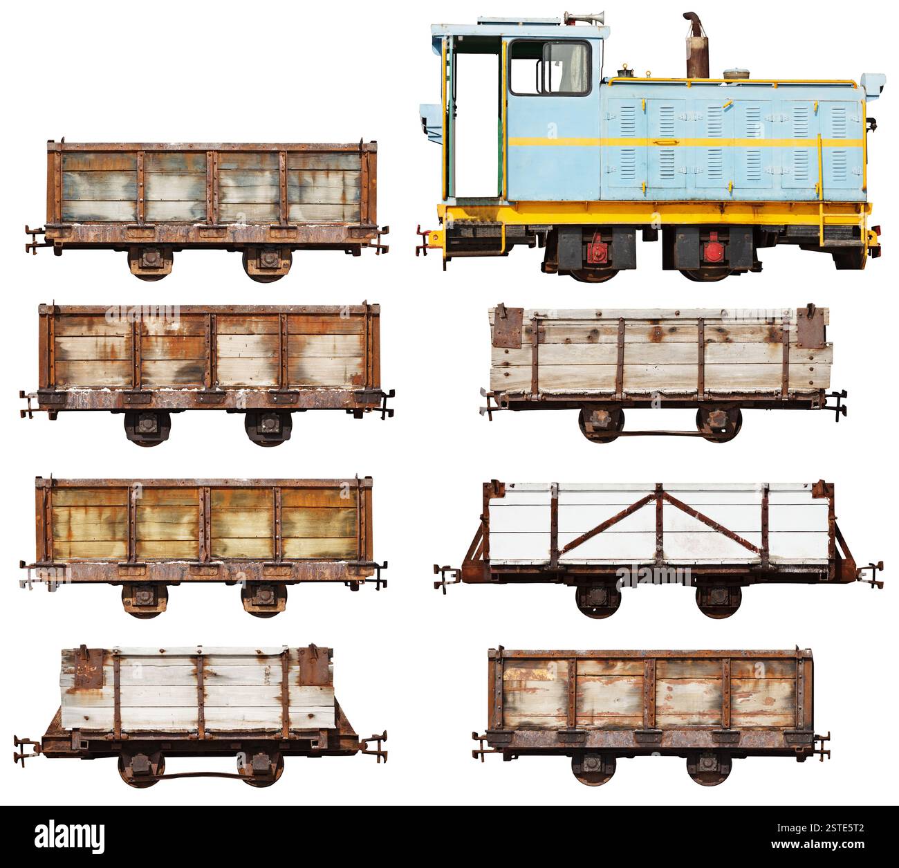 Serie di locomotive d'epoca e auto isolate sul bianco Foto Stock