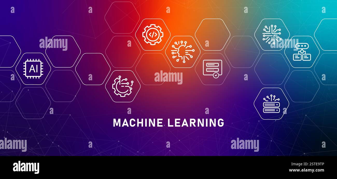 Apprendimento automatico programmazione sistema a tecnologia moderna testata gradiente robot pensiero mentale sviluppo dati elaborazione artificiale di informazioni ai Illustrazione Vettoriale