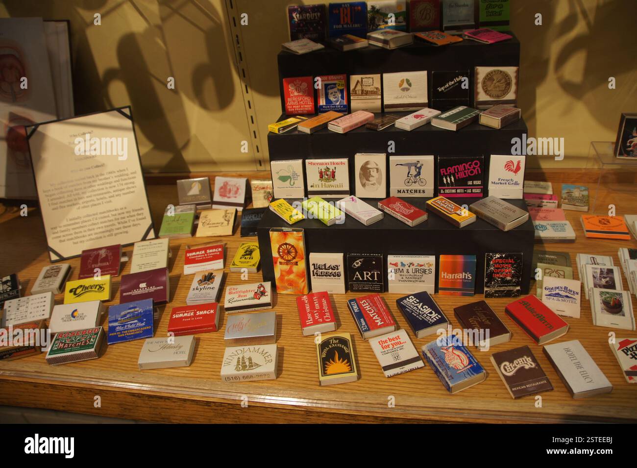 Collezione di matchbox Boston. Matchbox vintage esposti sugli scaffali. Pubblicità e temi storici. Matchboxes come oggetti da collezione e arti storiche Foto Stock Collezione di matchbox Boston. Matchbox vintage esposti sugli scaffali. Pubblicità e temi storici. Matchboxes come oggetti da collezione e arti storiche Foto Stock