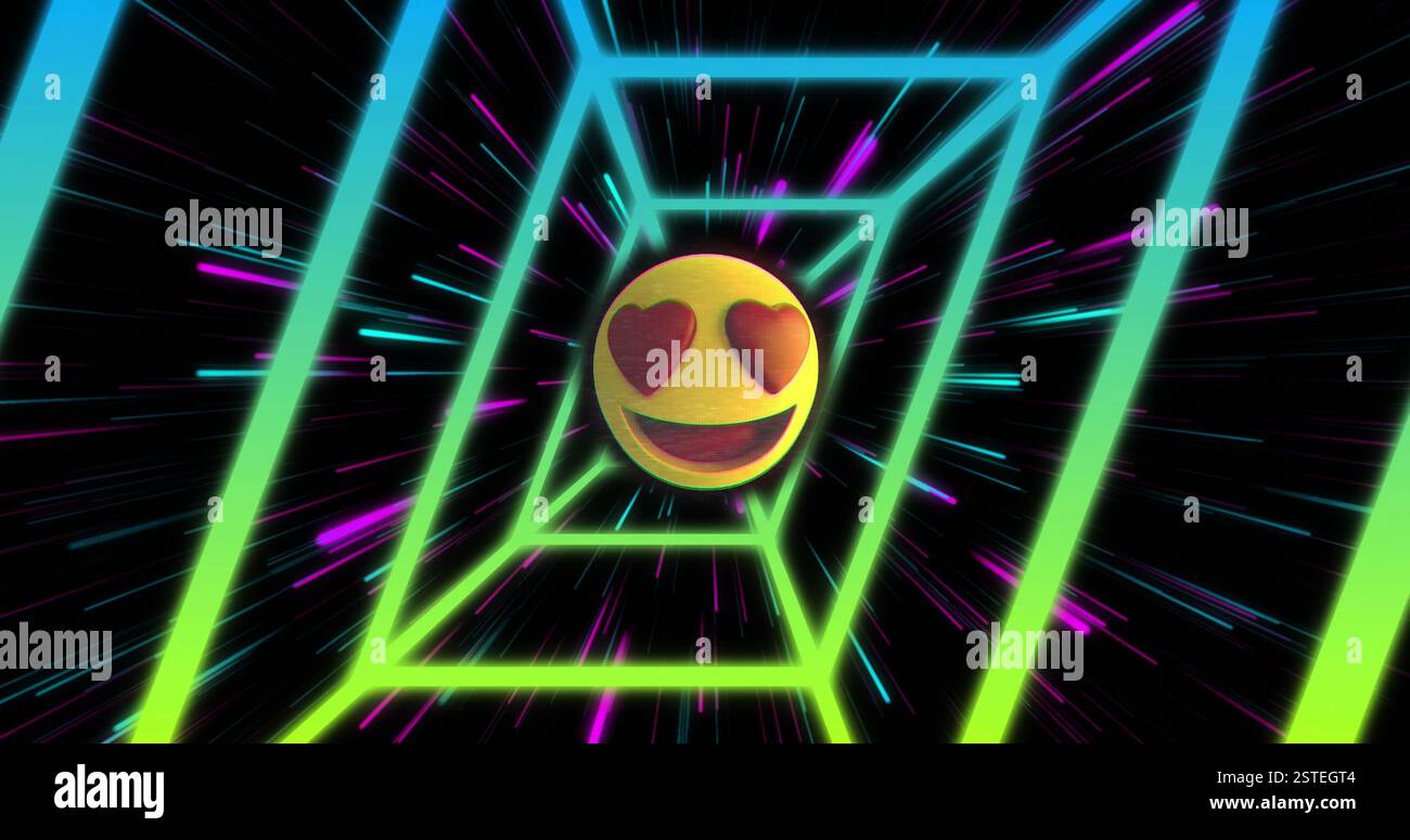 Immagine emoji Heart Eyes con forme geometriche al neon e strisce di luce colorate Foto Stock