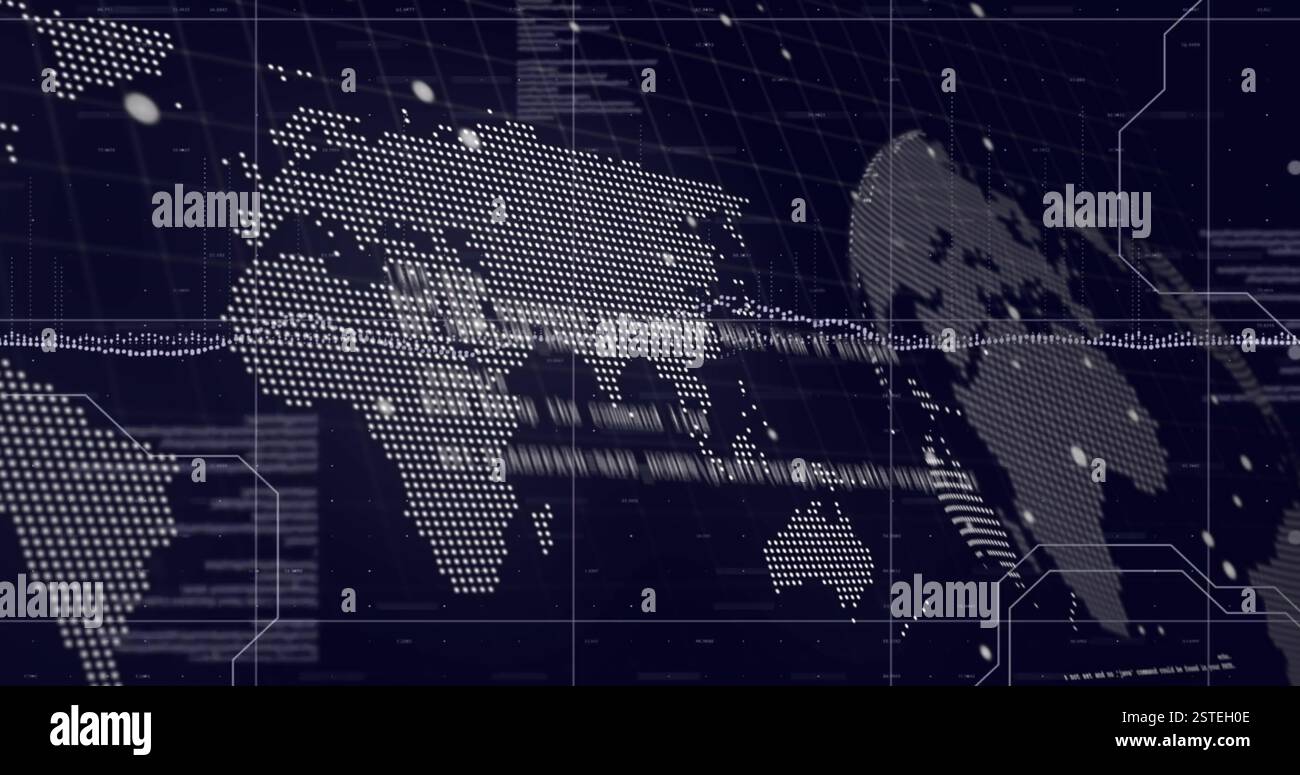 Immagine della mappa del mondo digitale e dei punti dati sul testo del software JP Foto Stock