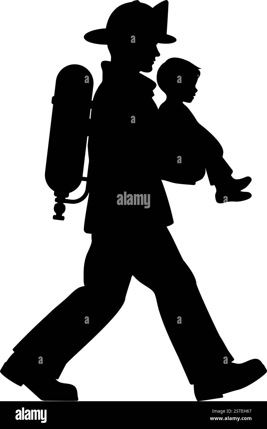 Silhouette di Fireman che trasporta un bambino tra le braccia dopo averlo salvato da un'illustrazione di un vettore di fuoco Illustrazione Vettoriale