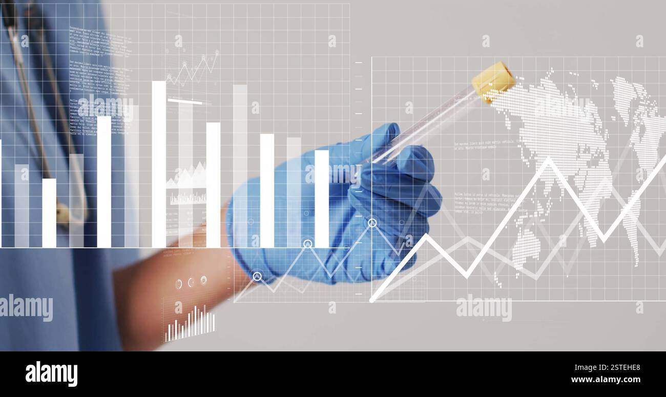 Per provette per analisi, guanti con immagine di analisi dei dati scientifici Foto Stock