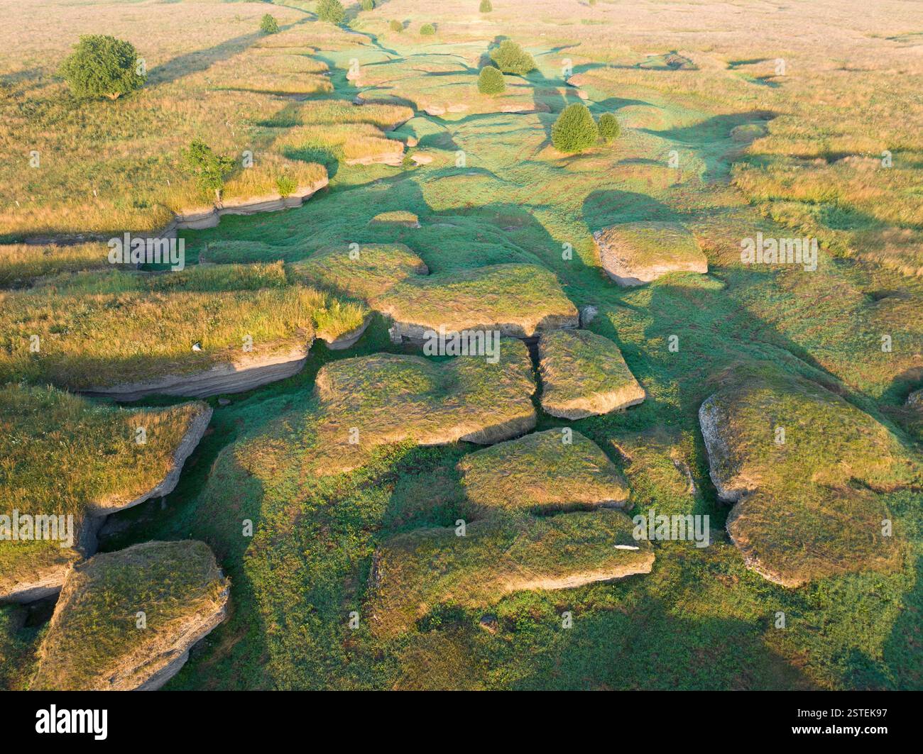 Paesaggio carsico unico in Estonia: Un drone cattura gli intricati motivi di un letto di fiume essiccato tra lussureggianti colline verdi, che mostrano l'affascinante bea Foto Stock