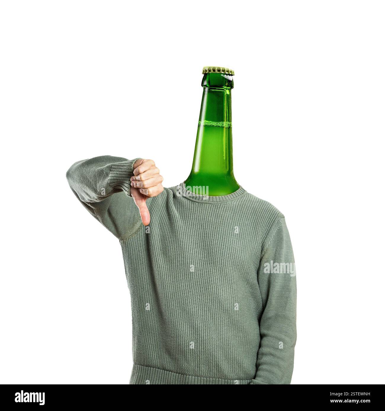 Persona con un biberon per una testa che regala un pollice isolato su bianco Foto Stock