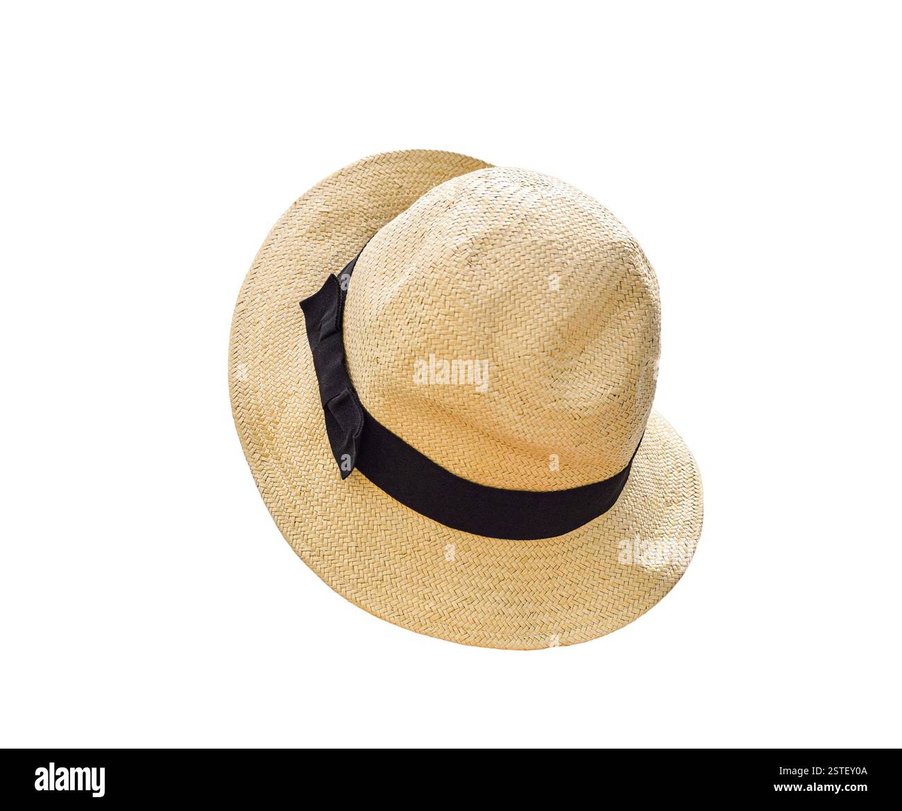 Cappello da sole in paglia gialla con fessura isolata a fascia nera su bianco Foto Stock