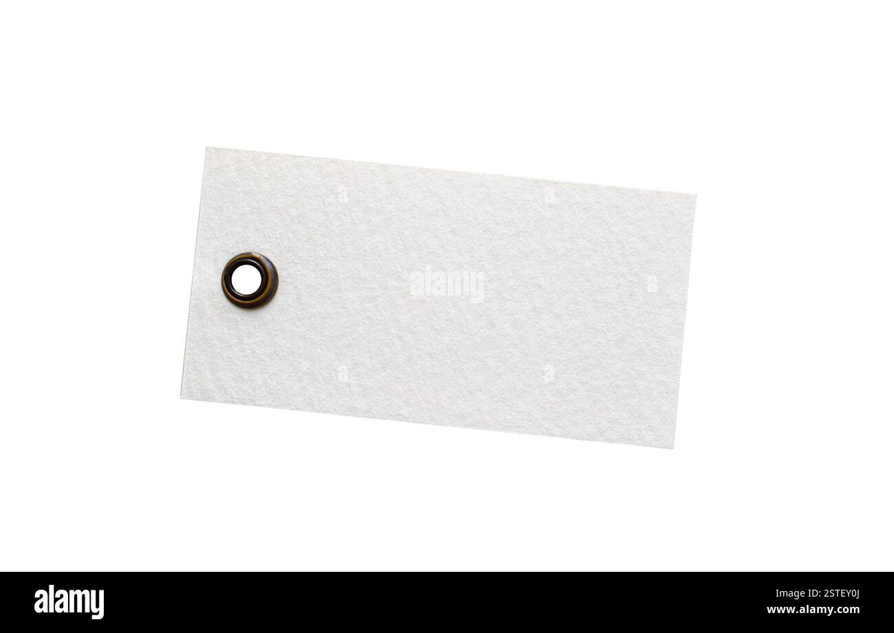 Etichetta in carta bianca con foro passacavo in metallo marrone isolata su bianco Foto Stock
