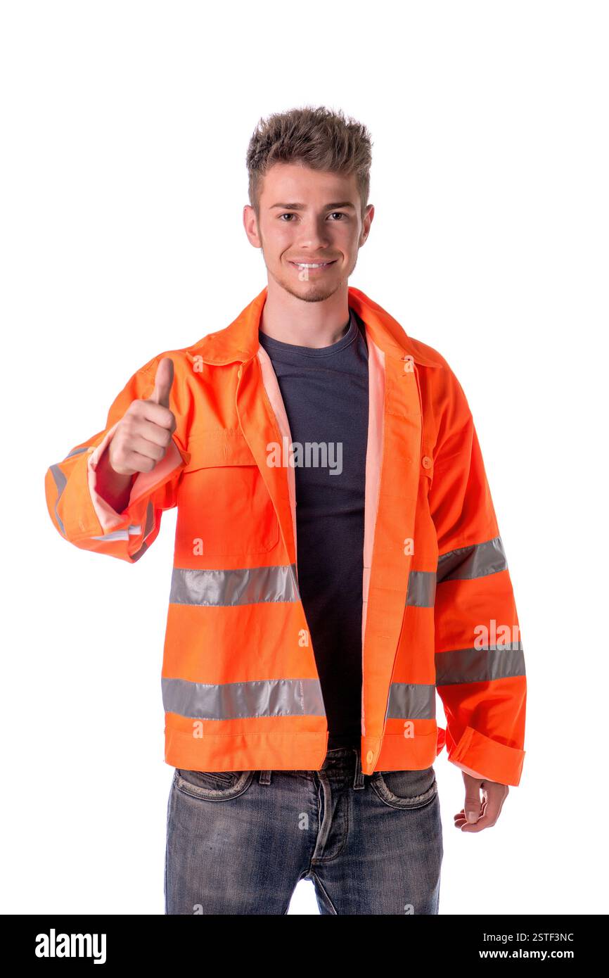 Giovane operaio edile o stradale sorridente Foto Stock