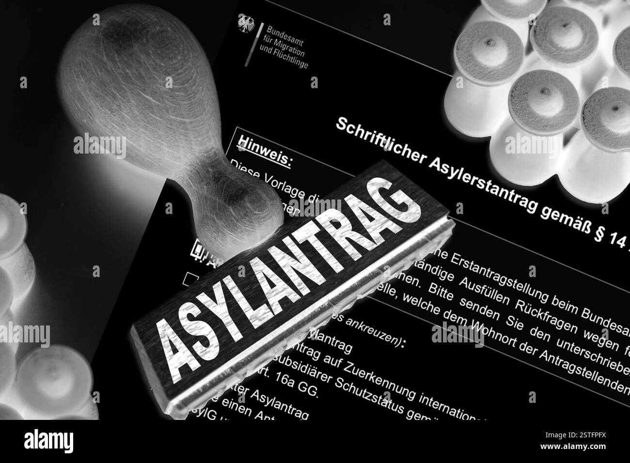 Baviera, Germania - 18 febbraio 2025: FOTOMONTAGE, un'immagine in bianco e nero di una domanda di asilo con un timbro - simbolo di una prospettiva critica sul sistema di asilo, la burocrazia e le sfide della politica migratoria in Germania. *** FOTOMONTAGE, ein Schwarz-Weiß-Bild eines Asylantrags mit Stempel symbolisch für eine kritische Perspektive auf das Asylsystem, Bürokratie und Herausforderungen der Migrationspolitik in Deutschland. Foto Stock