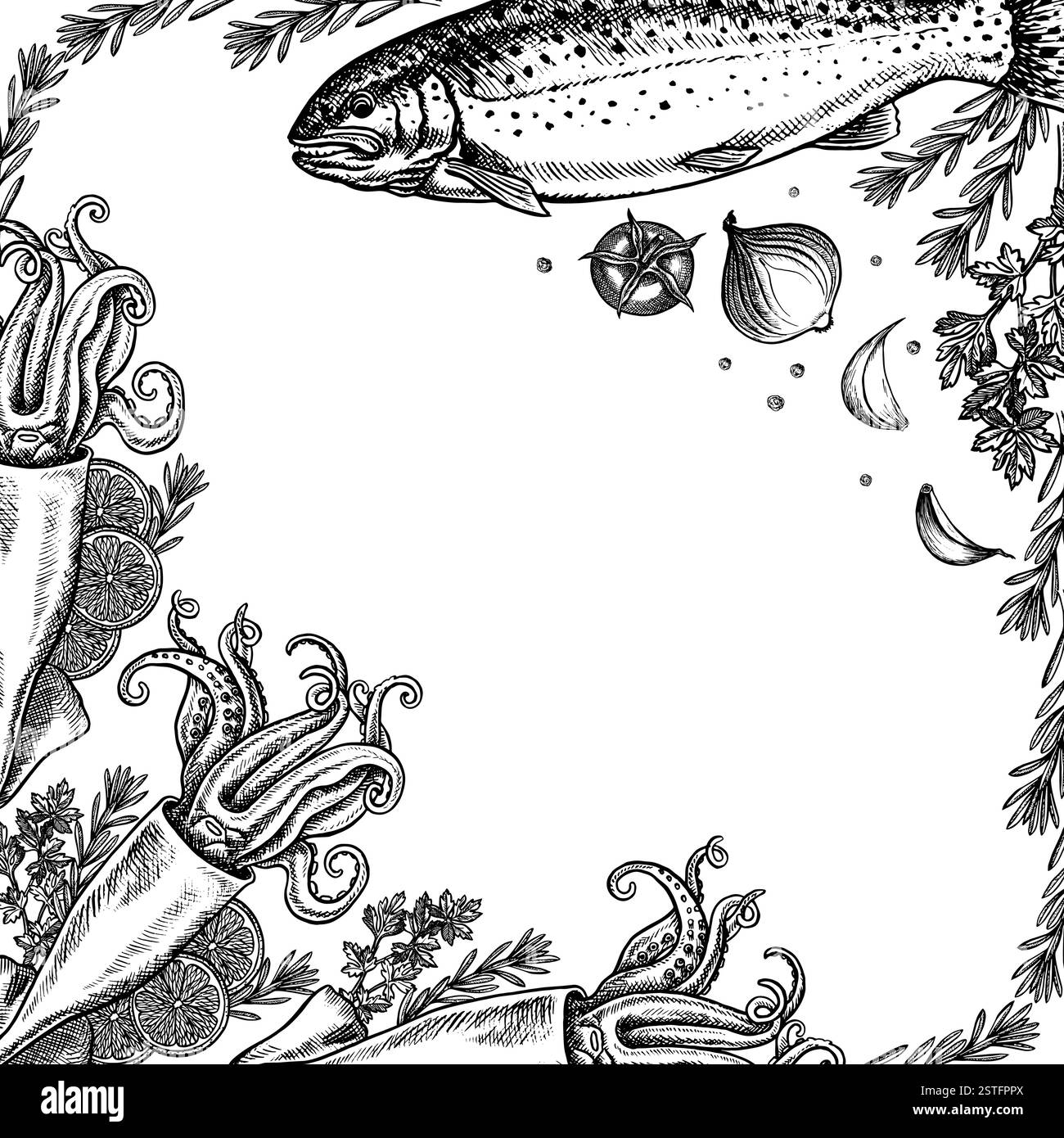 Una cornice con frutti di mare, calamari, trote, limone, erbe e verdure. Illustrazione vettoriale disegnata a mano. Immagine in bianco e nero di prelibatezze. Su un dorso bianco Illustrazione Vettoriale
