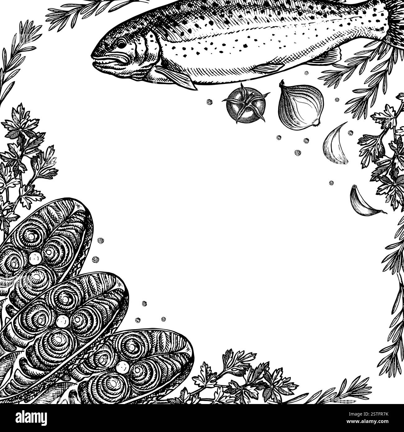 Una cornice con trota, pesce intero e fette, con limone e verdure. Illustrazione vettoriale disegnata a mano. Immagine in bianco e nero. Su sfondo bianco. Fil Illustrazione Vettoriale