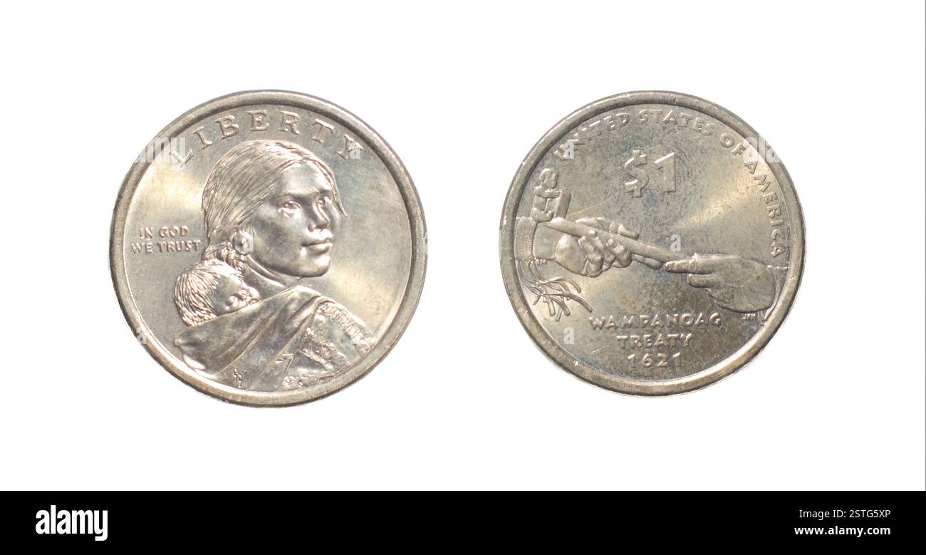 2011 Sacagawea Dollar Coin WAMPANOAG TRATTATO 1621 che porta il suo giovane figlio, Jean Baptiste. Rovesciare il lato con le mani del Supremo Sachem Ousamequin Massasoit Foto Stock