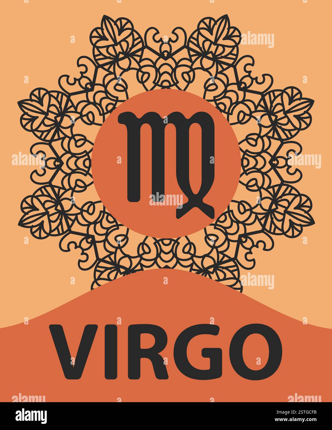 Zodiac firma Virgo. Segno zodiacale astratto per talismani, stampe tessili, illustrazione vettoriale del tatuaggio su pizzo tondo ornamentale patte Foto Stock