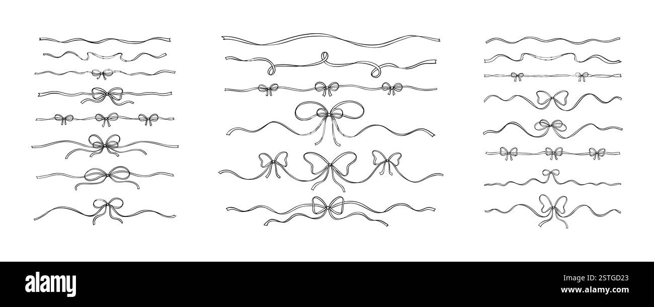 Set di divisori per set di nastri ad arco, separatori di testo, bordi ondulati stravaganti. Elementi disegnati a mano e disegnati a mano. Filigrana vittoriana d'epoca Illustrazione Vettoriale