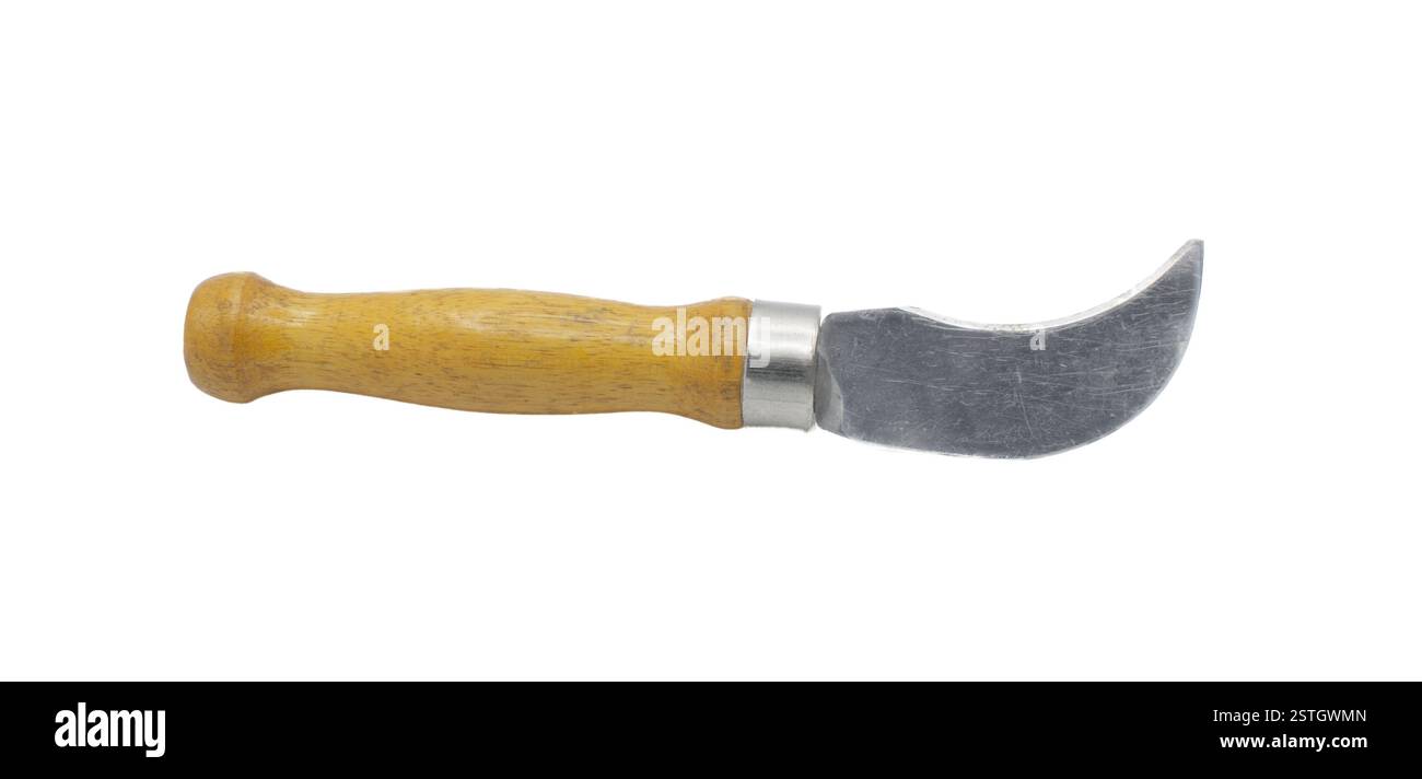 Coltello per pavimenti per impieghi gravosi con lama curva in acciaio al carbonio temprato e manico in legno utilizzato per tagliare linoleum, piastrelle per soffitti, tappeti, cartongesso, vinile, cartone Foto Stock