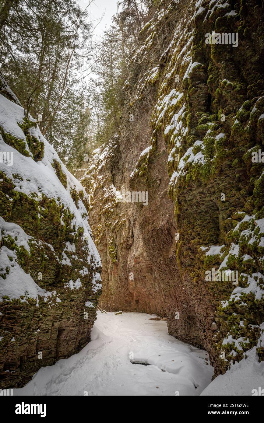 La vista del canyon del fiume Kadunce durante l'inverno vicino a Grand Marais Minnesota lungo la riva nord del lago Superior è un luogo meraviglioso da esplorare quando il fiume è Foto Stock