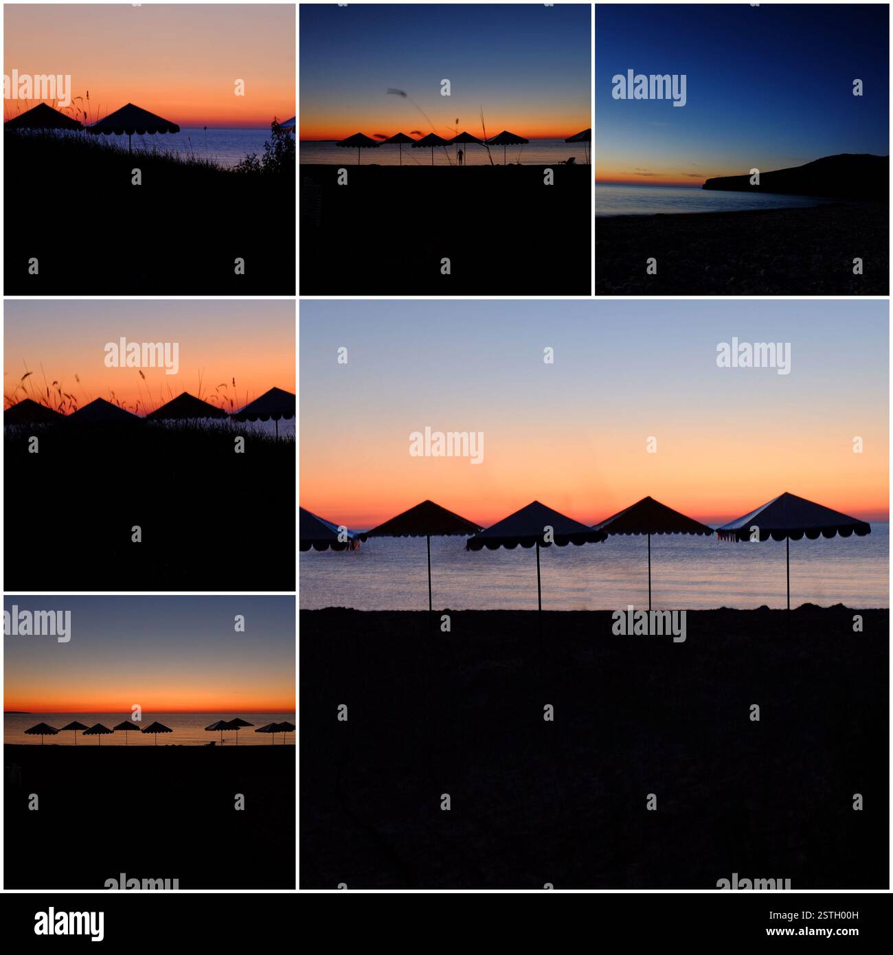 Spiaggia di mare con ombrelloni di fronte al cielo del tramonto Foto Stock