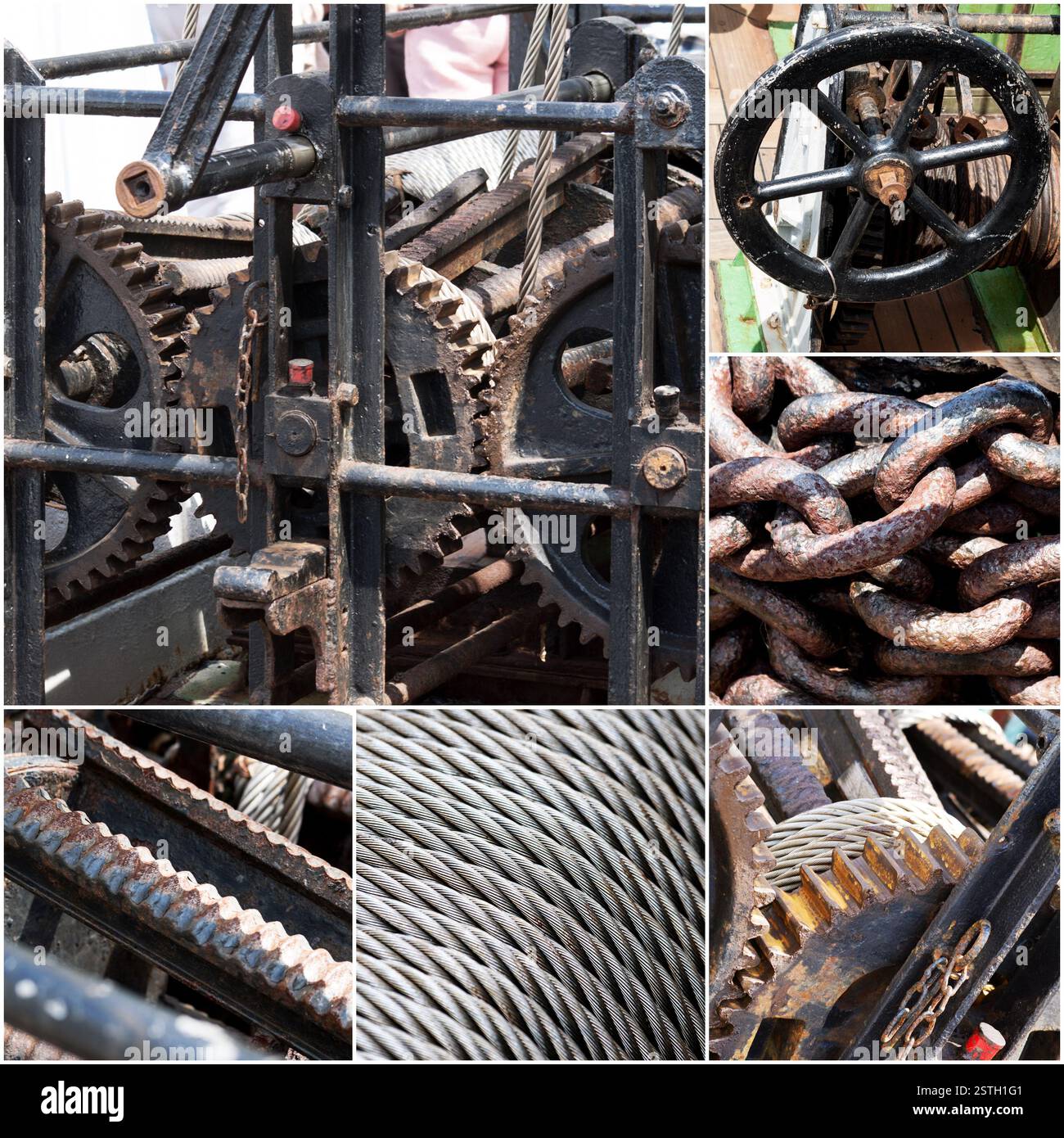 Rusty macchinari, catene, cavi di fili di acciaio collage di foto. Vintage tono colore Foto Stock