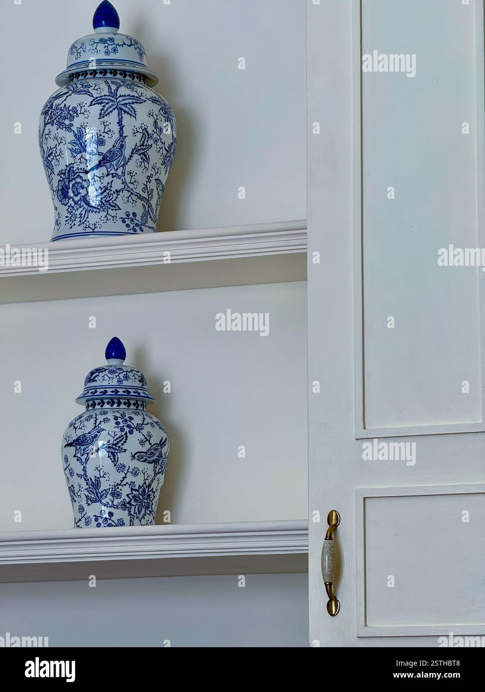 Eleganti vasi in porcellana blu e bianca sugli scaffali due vasi in porcellana bianca e blu dal design complesso posizionati su ripiani bianchi - Immagine stock catturata con smartphone