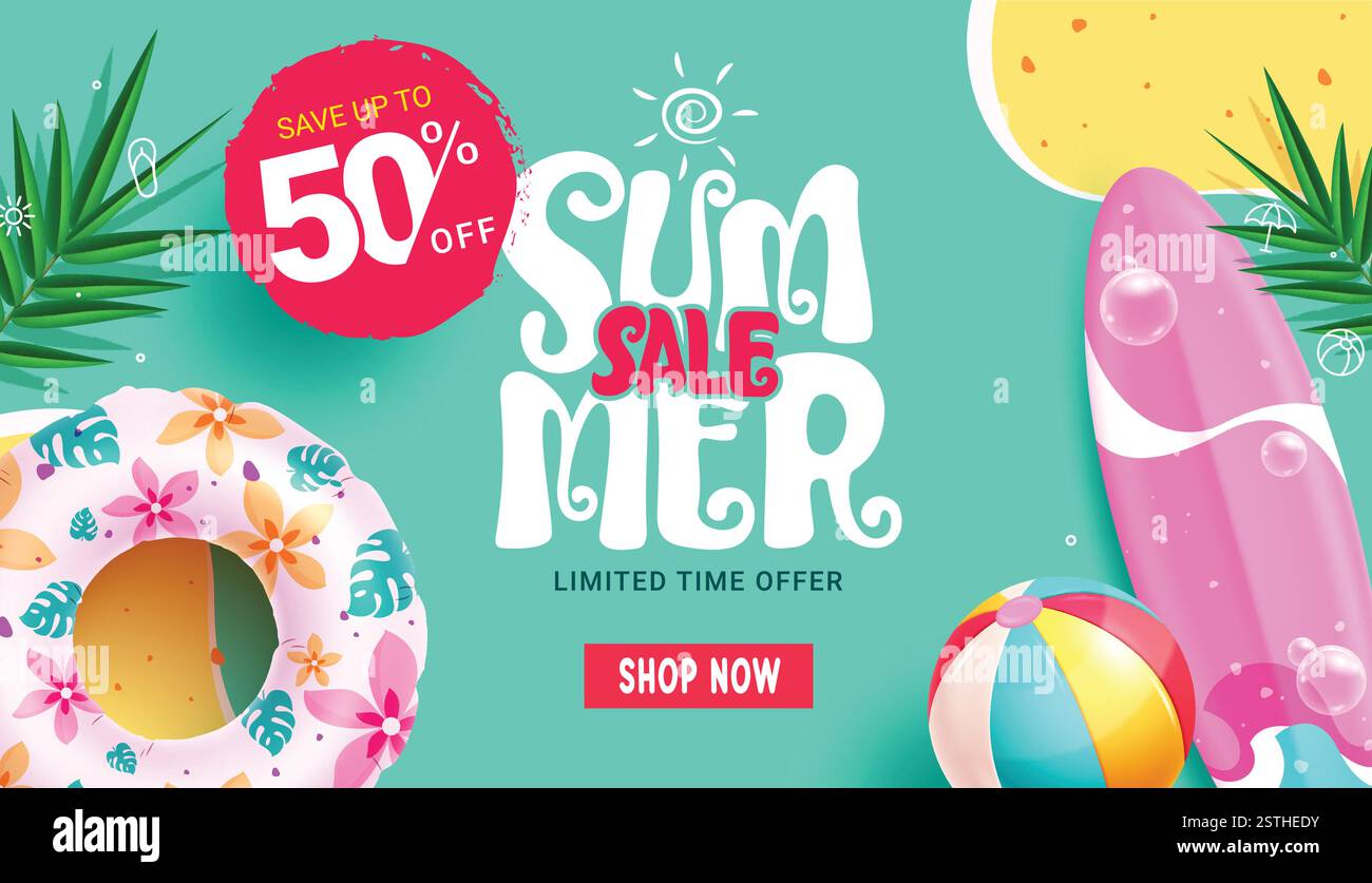 Design dello sfondo clipart banner per la vendita estiva. Clip art di testo in promozione estiva su sfondo blu astratto per le vacanze 50% di sconto limitato Illustrazione Vettoriale
