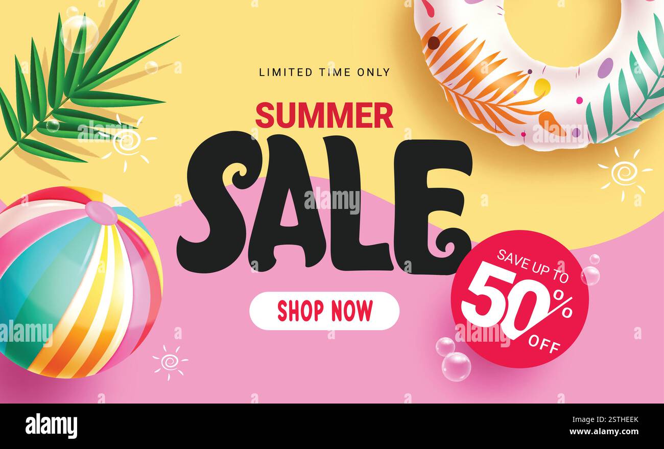 Vendita estiva design abstract della clipart di sfondo. Promozione estiva in modello banner giallo e rosa per sconti per acquisti a tempo limitato durante le festività natalizie Illustrazione Vettoriale